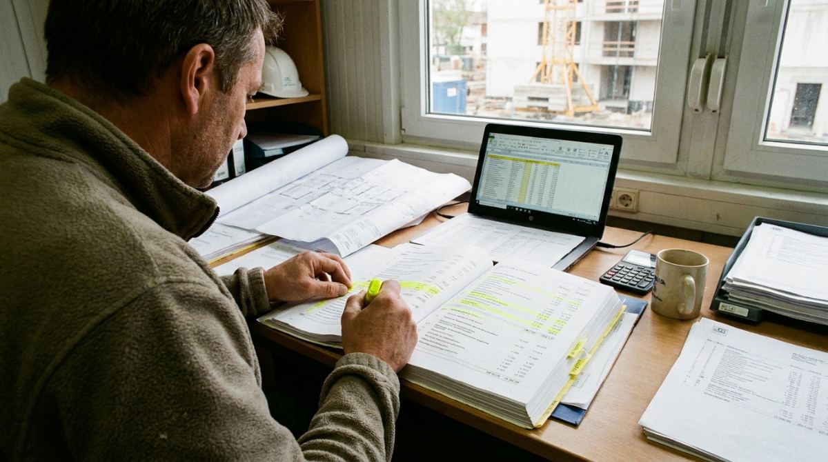 Kalkulator im Büro eines Bauunternehmens prüft ein ausgedrucktes Leistungsverzeichnis mit Textmarker, daneben Baupläne und ein Laptop