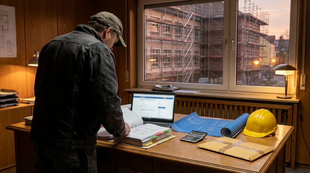 Handwerker in Arbeitsjacke von hinten am Schreibtisch, blättert in dicken Vergabeunterlagen mit Registern, daneben Laptop, Baupläne, Taschenrechner und Bauhelm, draußen vor dem Fenster eine eingerüstete Schule